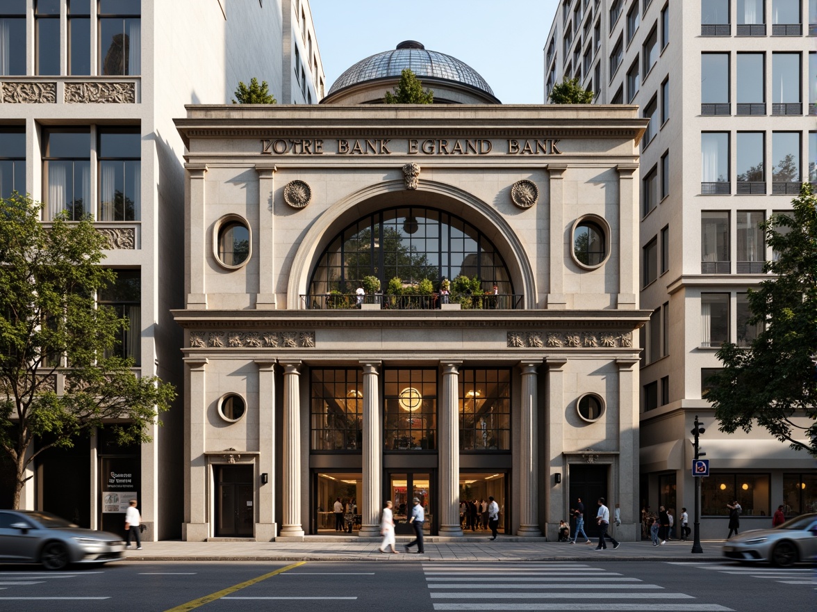 Prompt: Grand bank entrance, neoclassical facade, ornate columns, rusticated base, symmetrical composition, grandiose dome, intricate moldings, metallic accents, glass atrium, natural stone cladding, modernist twists, sleek lines, minimalist ornamentation, urban cityscape, busy streets, morning sunlight, soft warm lighting, shallow depth of field, 2/3 composition, realistic textures, ambient occlusion.