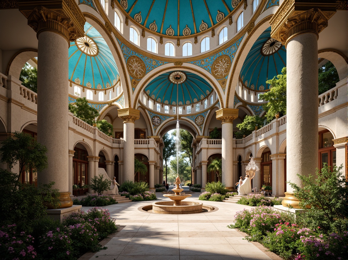 Prompt: Byzantine-inspired architecture, azure domes, golden accents, intricate mosaics, ornate archways, lavish fountains, lush greenery, vibrant flowers, warm sunlight, soft shadows, shallow depth of field, 1/1 composition, realistic textures, ambient occlusion, ornamental columns, marble floors, grand chandeliers, rich tapestries, luxurious fabrics, Byzantine patterns, regal atmosphere.