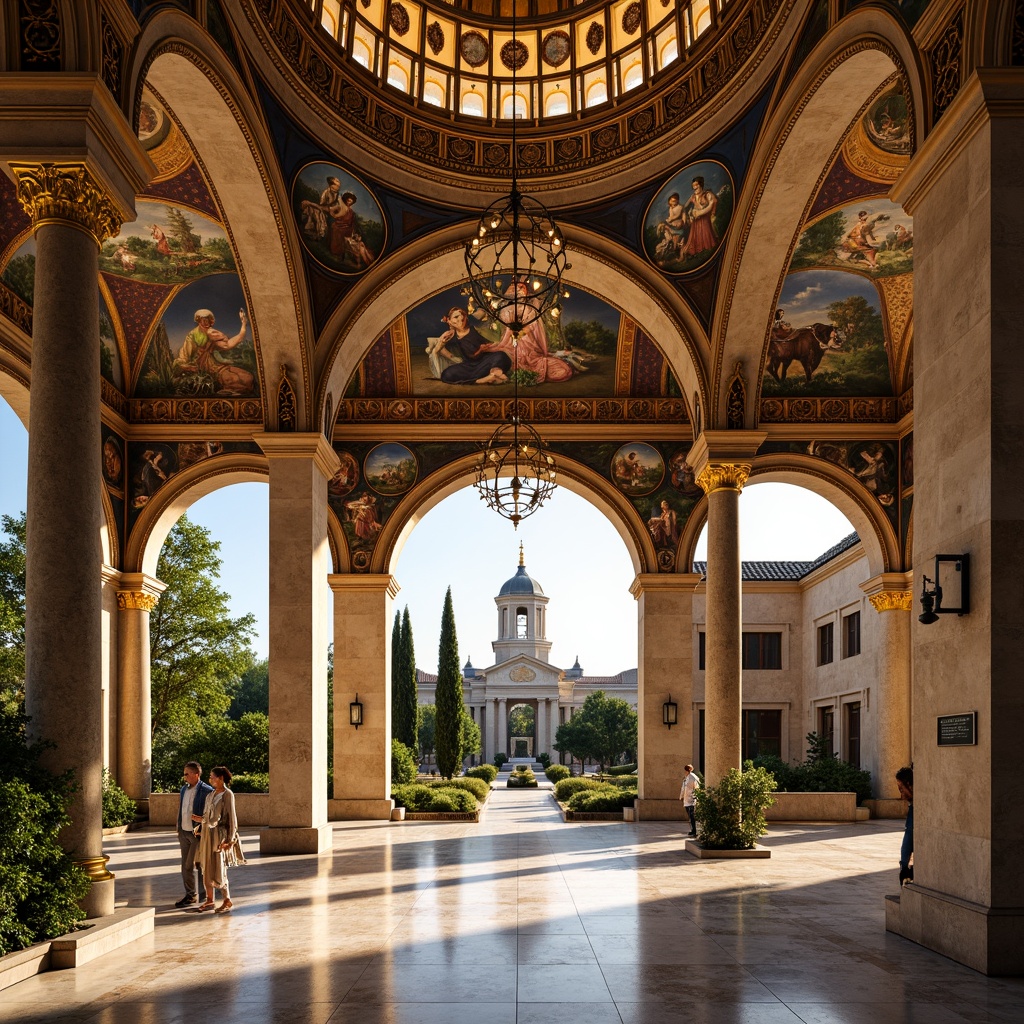 Prompt: Ornate Byzantine visitor center, golden domes, intricate mosaics, vibrant frescoes, ornamental arches, grand entrance gates, polished marble floors, majestic columns, luxurious chandeliers, warm golden lighting, shallow depth of field, 1/2 composition, symmetrical framing, realistic textures, ambient occlusion, Mediterranean landscape, olive trees, cypress plants, sunny afternoon, soft warm breeze.