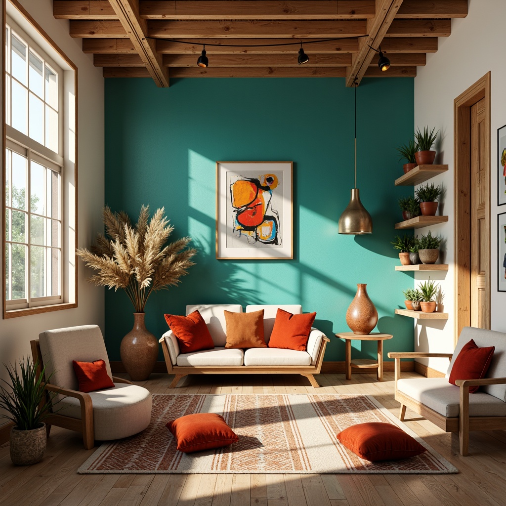 Prompt: Vibrant art studio, natural wood accents, eclectic furniture pieces, bold abstract artwork, rich turquoise walls, creamy white trim, warm beige floors, plush throw pillows, modern track lighting, industrial metal shelves, reclaimed wood tables, earthy terracotta vases, geometric patterned rugs, sunny afternoon light, soft gradient shadows, 2/3 composition, atmospheric perspective, realistic texture blending.