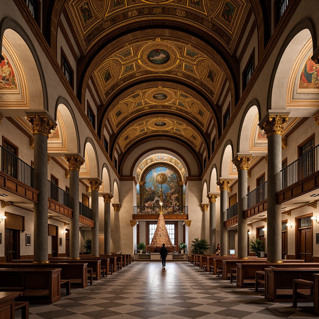 Prompt: Intricate arches, ornate carvings, golden mosaics, grand domes, majestic columns, rustic stone walls, ornamental capitals, vibrant frescoes, richly patterned textiles, warm candlelight, soft ambient shadows, 1/2 composition, low-angle shot, realistic textures, ambient occlusion.