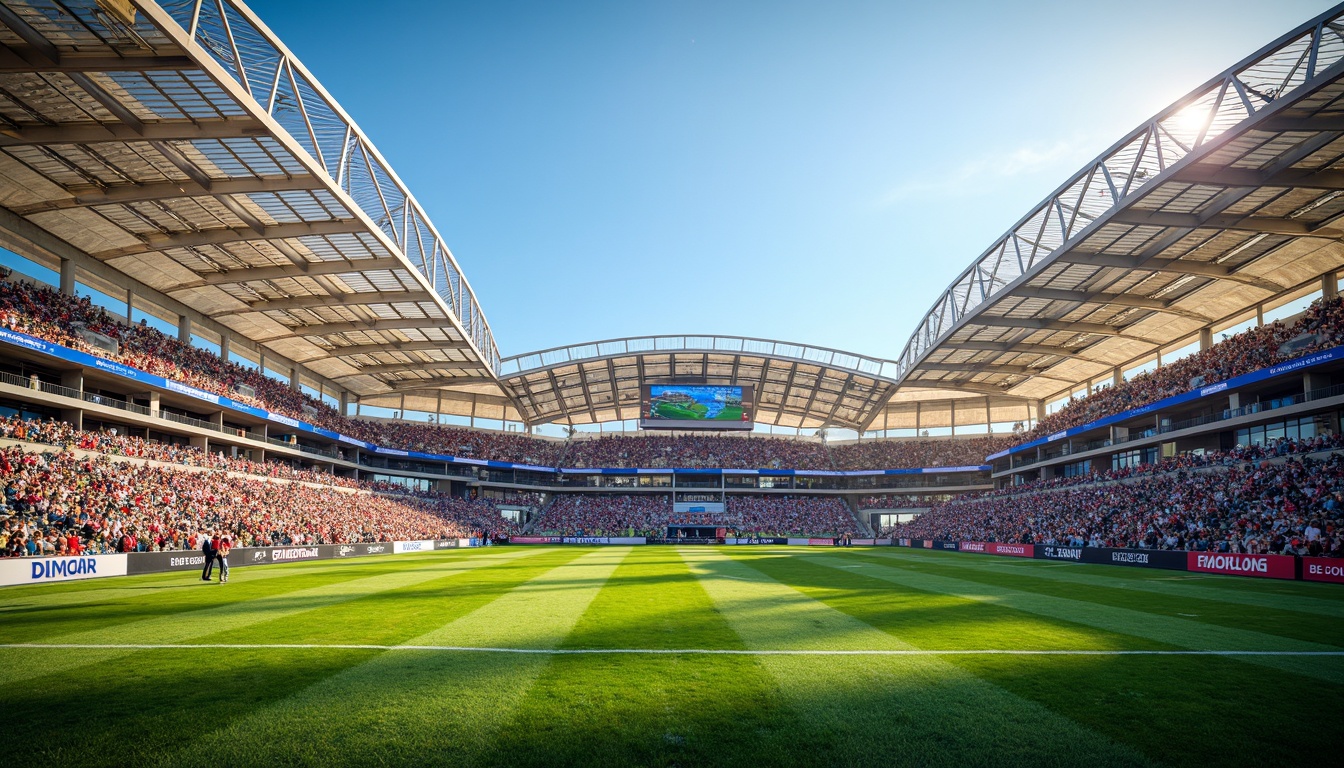 Prompt: Vibrant sports stadium, energetic crowd, lush green grass, bold white stripes, dynamic scoreboard, modern architecture, sleek metal beams, transparent glass fa\u00e7ade, bright LED lights, electric blue accents, warm golden tones, sunny day, soft natural lighting, 1/2 composition, shallow depth of field, realistic textures, ambient occlusion.