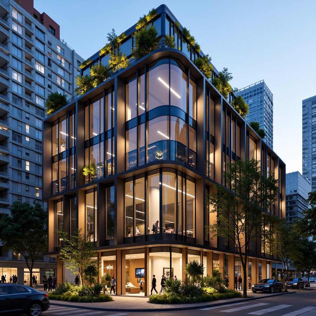 Prompt: Modern building facade, sleek glass curtain walls, metallic cladding, wooden accents, green roofs, living walls, vertical gardens, LED lighting installations, futuristic aesthetics, urban landscape, city skyline, evening ambiance, warm soft glow, shallow depth of field, 1/2 composition, realistic textures, ambient occlusion.