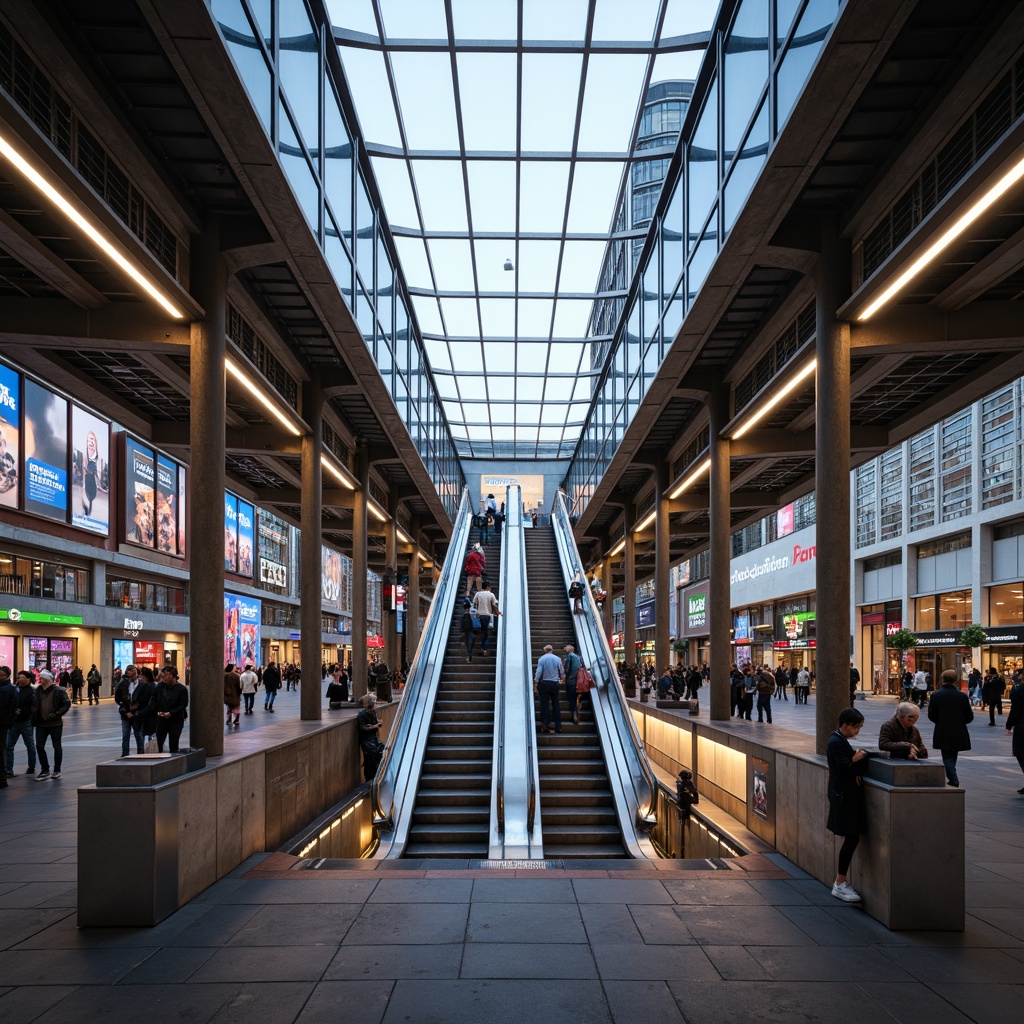 Prompt: Modern tram station, sleek metal framework, glass roofs, natural light pouring in, warm ambient lighting, LED strips, neon signs, futuristic advertisements, bustling pedestrian traffic, urban cityscape, concrete flooring, stainless steel handrails, ascending escalators, descending staircases, vibrant color scheme, high contrast ratio, dramatic shadows, soft focus, 1/2 composition, realistic reflections, subtle lens flares.