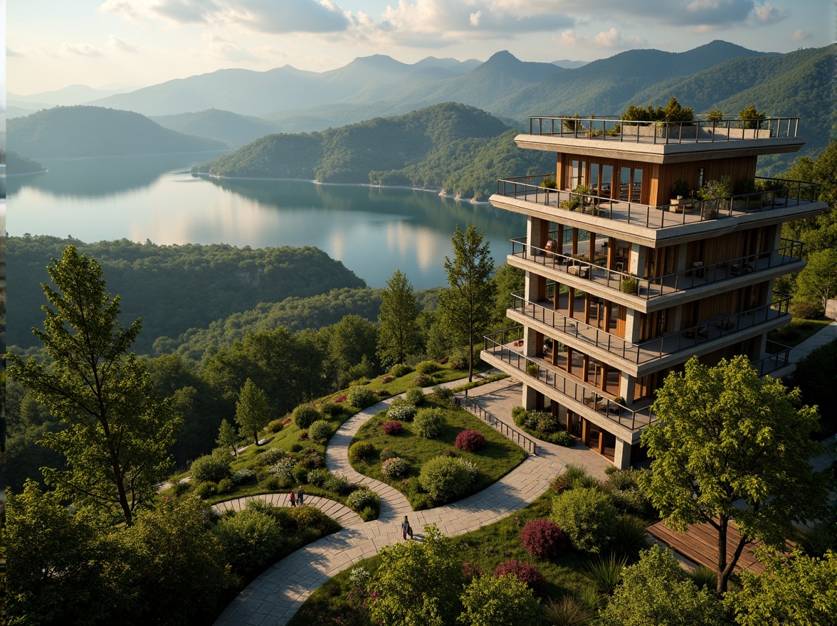 Prompt: Panoramic watching tower, harmonious landscape integration, lush greenery surroundings, meandering stone pathways, serene lake reflections, majestic mountain backdrop, natural wood accents, rustic exterior textures, large windows, glass balconies, bird's-eye view, warm golden lighting, shallow depth of field, 3/4 composition, atmospheric mist effects, vibrant flora colors, intricate stonework details.