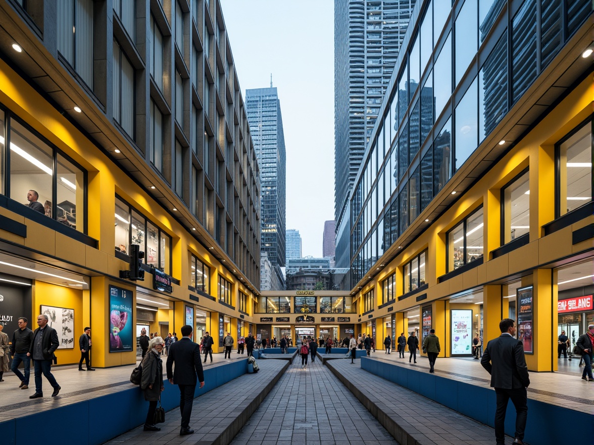 Prompt: Vibrant train station, bustling atmosphere, modern architecture, bold primary colors, bright yellow accents, deep blue tones, warm beige walls, metallic silver rails, sleek glass roofs, industrial lighting fixtures, urban cityscape, busy pedestrian traffic, rush hour scenes, shallow depth of field, 1/1 composition, realistic textures, ambient occlusion.