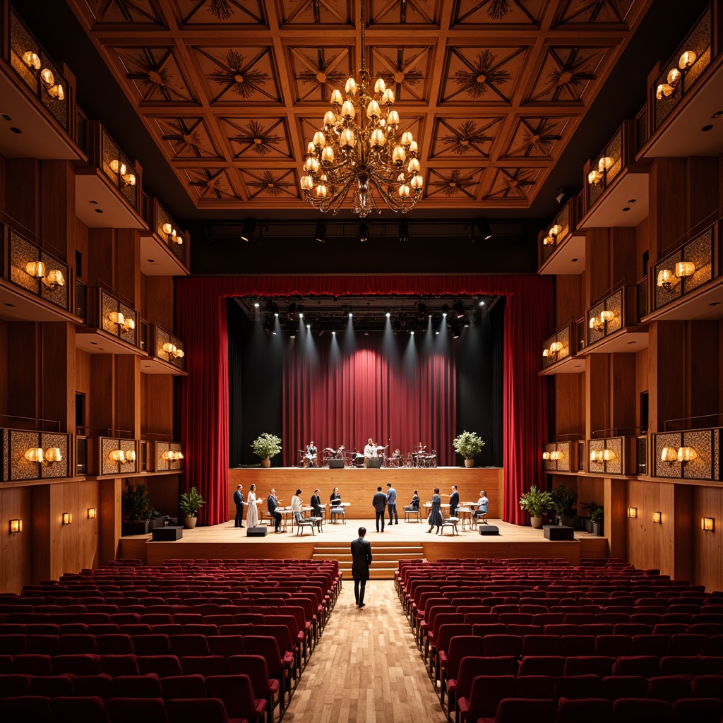 Prompt: Elegant concert house interior, grand stage presence, luxurious velvet curtains, polished wooden floors, ornate chandeliers, plush red seating, intricate acoustic paneling, professional sound systems, dramatic spotlights, rich wood tones, sophisticated neutral color palette, spacious high ceilings, minimal ornamentation, functional layout, efficient traffic flow, cozy VIP lounges, exclusive backstage areas, modern amenities integration, state-of-the-art audio technology, intimate performance atmosphere, soft warm lighting, 1/2 composition, realistic textures, ambient occlusion.