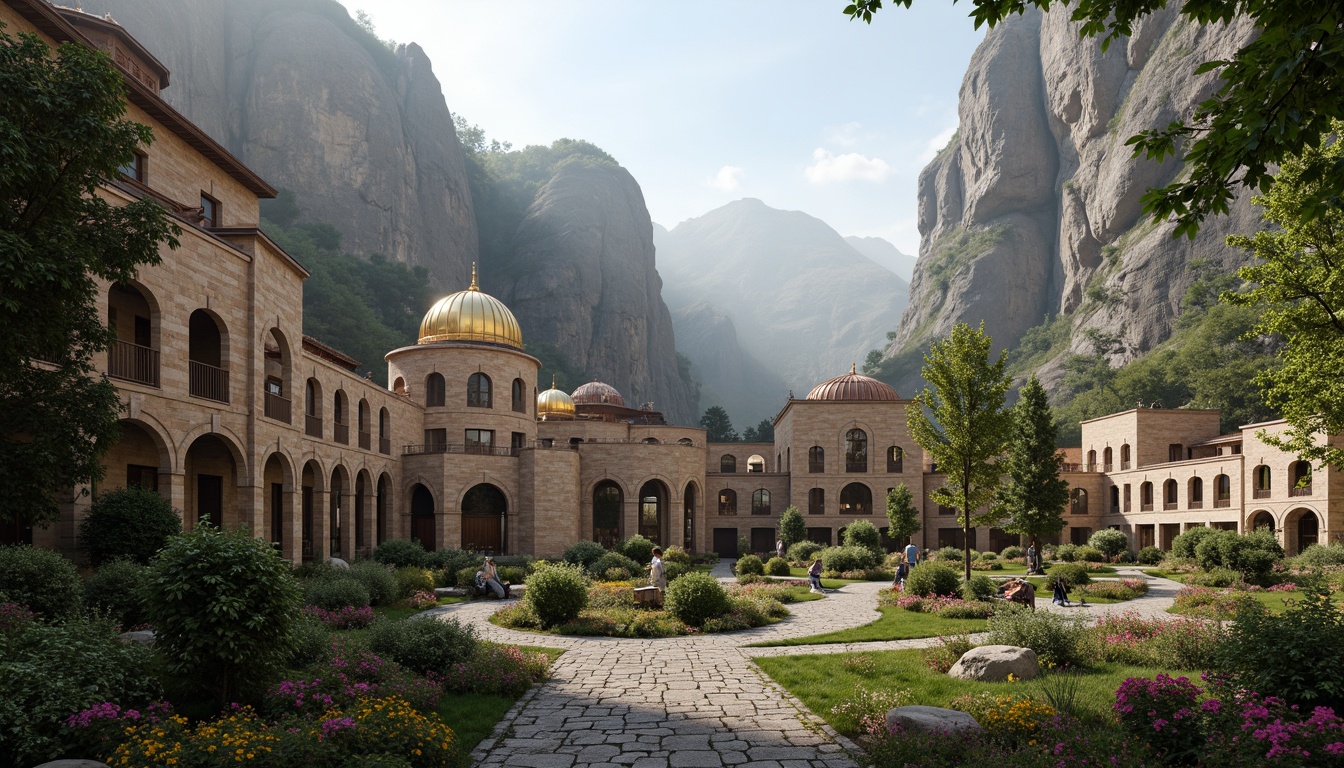 Prompt: Majestic mountainous Byzantine-style center, grand stone architecture, ornate mosaics, golden domes, rustic wooden accents, winding cobblestone paths, lush greenery, vibrant flowers, tranquil water features, natural rock formations, steep cliffs, misty atmosphere, warm soft lighting, shallow depth of field, 1/2 composition, cinematic view, highly detailed textures, ambient occlusion.