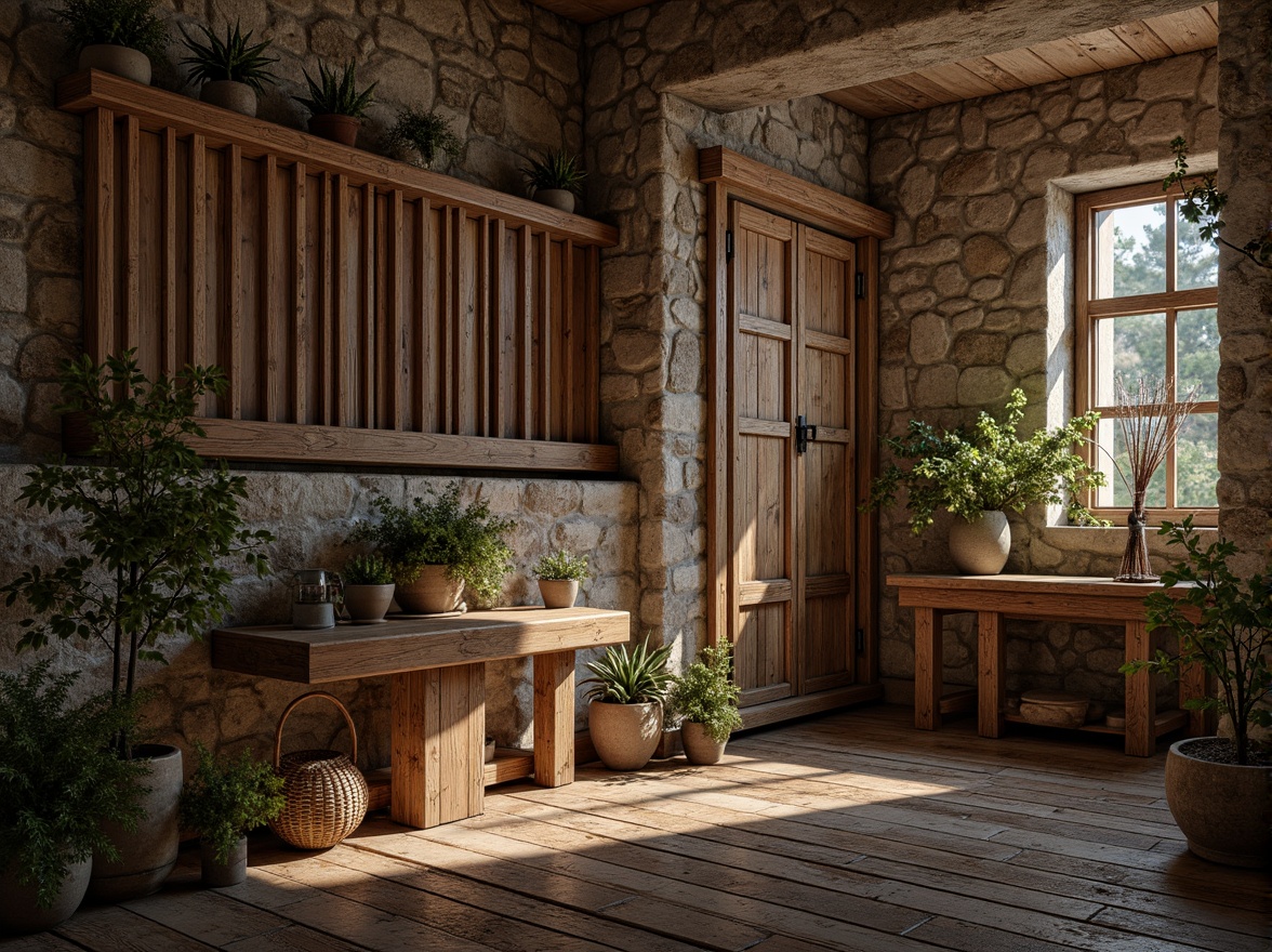 Prompt: Rough stone walls, weathered wooden planks, rustic metal accents, earthy color palette, natural textures, organic forms, intricate patterns, 3D modeling, high-poly counts, detailed normal maps, ambient occlusion, subtle depth cues, realistic materials, subtle wear and tear, distressed finishes, vintage aesthetics, nostalgic atmosphere, warm soft lighting, cinematic composition, atmospheric perspective.