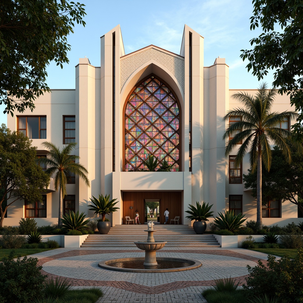 Prompt: Art Deco church, symmetrical facade, ornate stone carvings, geometric patterns, vibrant stained glass windows, grand entrance, sweeping staircases, lush greenery, tropical plants, palm trees, decorative fountains, mosaic tile walkways, warm golden lighting, shallow depth of field, 1/2 composition, vertical frame, high contrast, bold shadows, intricate architectural details.