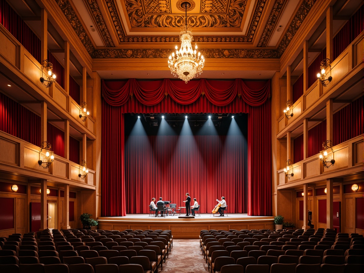 Prompt: Vibrant concert hall, rich wood tones, bold stage lighting, luxurious velvet curtains, ornate golden accents, dramatic red walls, warm beige floors, elegant chandeliers, sophisticated sound systems, plush audience seating, intimate performance setting, soft spotlighting, shallow depth of field, 1/1 composition, realistic textures, ambient occlusion.