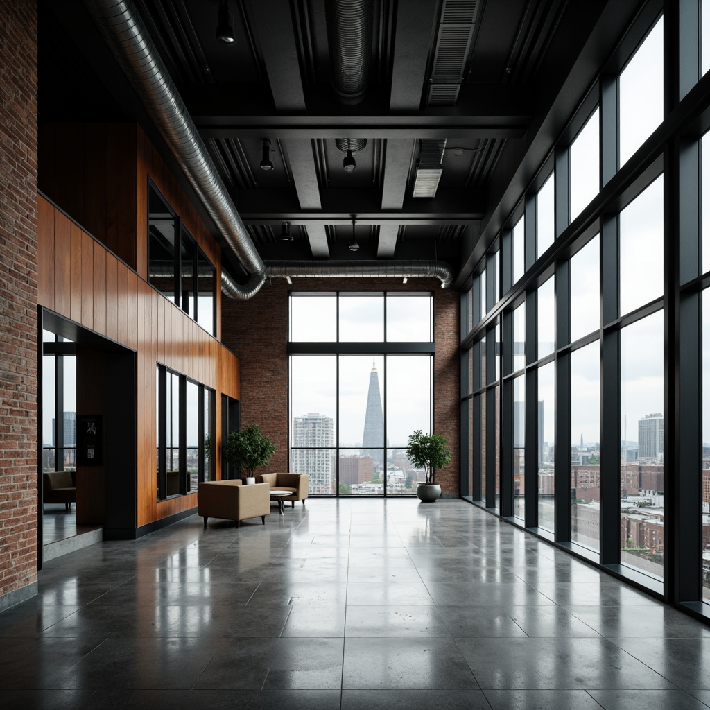 Prompt: Polished concrete floors, industrial metal beams, exposed ductwork, minimalist decor, sleek glass facades, geometric brick patterns, smooth wooden accents, monochromatic color schemes, urban cityscape backdrop, cloudy overcast sky, dramatic shading, high contrast lighting, 1/1 composition, symmetrical framing, realistic reflections, ambient occlusion.