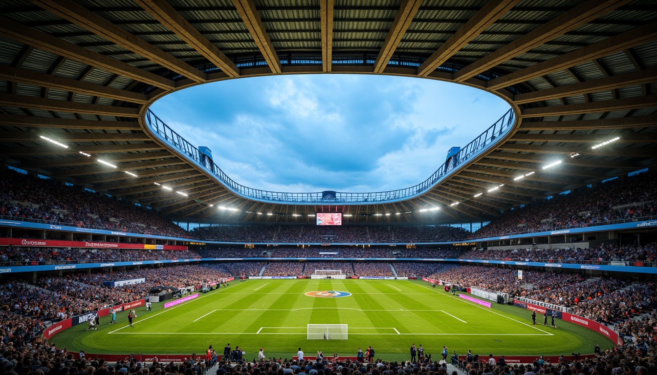 Prompt: Grandiose Gothic soccer stadium, steeply pitched roof, dramatic vaulted ceilings, intricate stone carvings, stunning stained glass windows, majestic pointed arches, ornate ribbed vaults, flying buttresses, imposing grandstand seating, lush green grass, vibrant team colors, modern floodlights, atmospheric evening lighting, shallow depth of field, 1/1 composition, symmetrical framing, realistic textures, ambient occlusion.