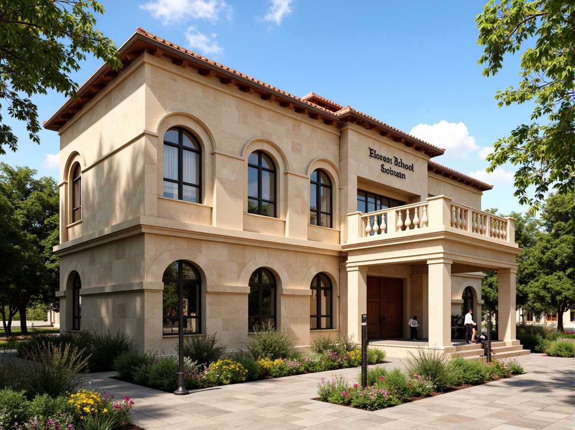 Prompt: Renaissance-style middle school building, warm beige stone facade, ornate archways, classical columns, grand entrance, decorative cornices, rustic red-tiled roof, lush greenery, blooming flowers, vibrant flower beds, educational signage, wrought iron railings, elegant lamp posts, sunny day, soft natural lighting, shallow depth of field, 1/1 composition, symmetrical framing, realistic textures, ambient occlusion.