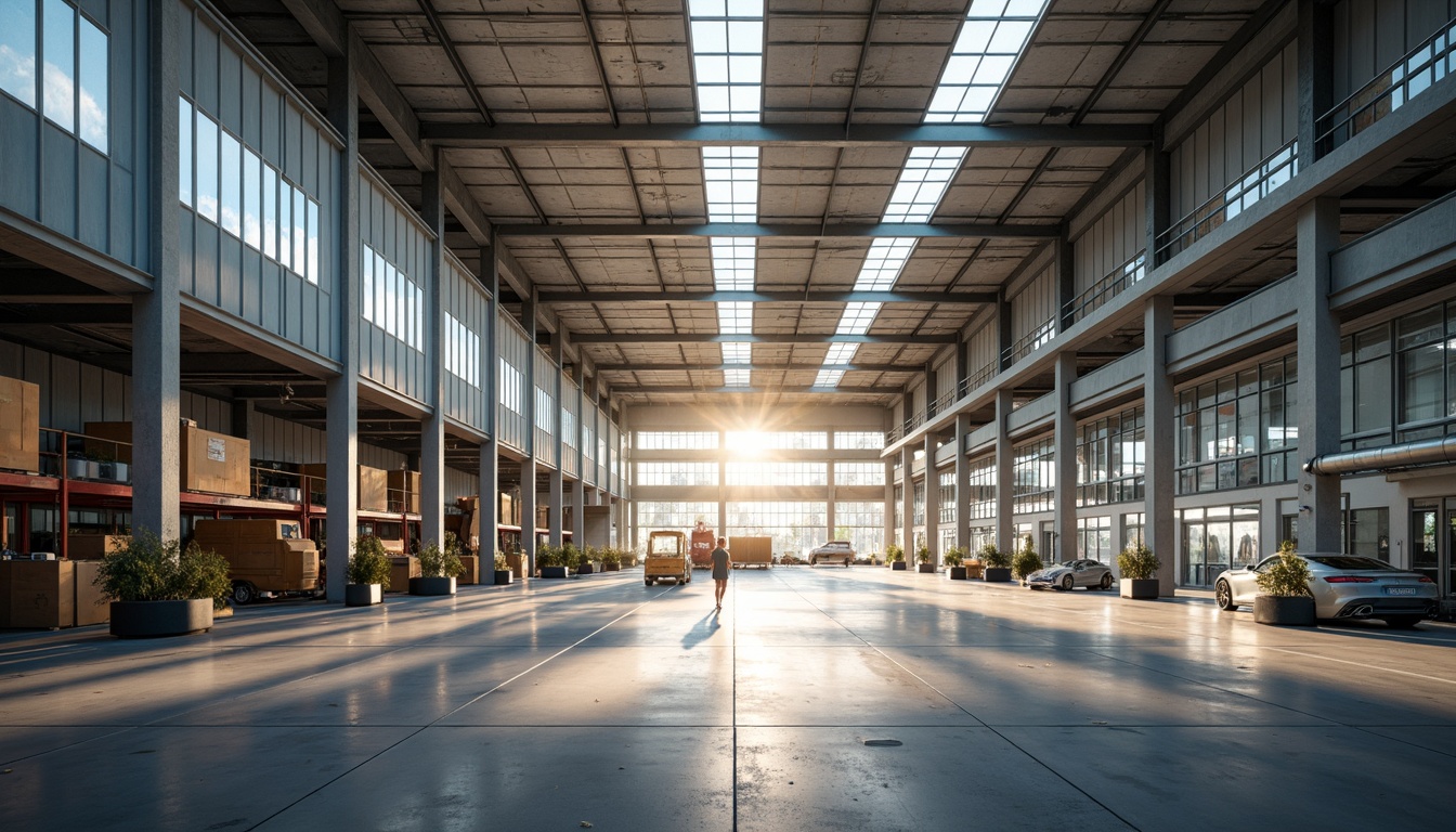 Prompt: Industrial distribution center, high ceilings, clerestory windows, skylights, translucent panels, reflective interior surfaces, polished concrete floors, exposed ductwork, minimalist decor, abundant natural light, indirect sunlight, soft warm glow, subtle shadows, 1/2 composition, realistic textures, ambient occlusion, early morning light, late afternoon warmth, airy atmosphere, open spaces, functional layout, sustainable design, eco-friendly materials, optimized energy efficiency.