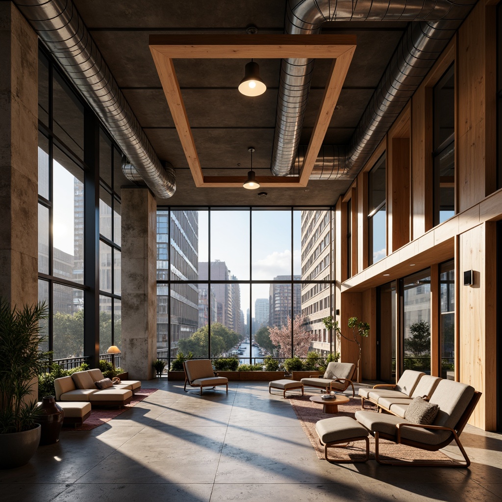 Prompt: Urban cityscape, modern architecture, Chukum wood accents, natural textures, earthy tones, wooden facades, geometric patterns, industrial chic design, metal beams, exposed ductwork, concrete floors, minimalist decor, urban loft atmosphere, abundant natural light, shallow depth of field, 1/2 composition, warm color palette, softbox lighting, atmospheric fog effect.