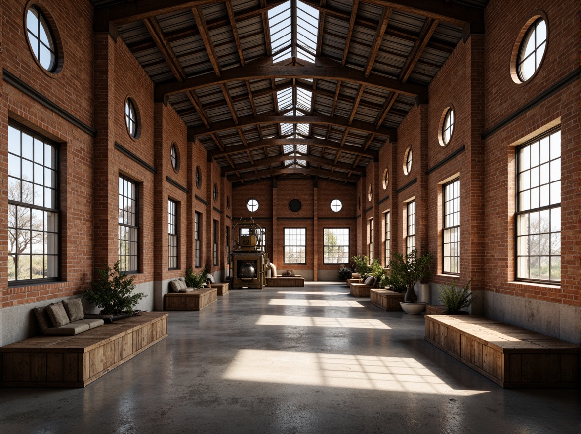 Prompt: Rustic warehouse, exposed brick walls, wooden beam ceilings, metal trusses, reclaimed wood floors, industrial steel windows, corrugated metal roofs, earthy color palette, natural stone foundations, distressed concrete textures, vintage factory equipment, classic industrial lighting, soft warm ambiance, shallow depth of field, 2/3 composition, realistic rendering, ambient occlusion.