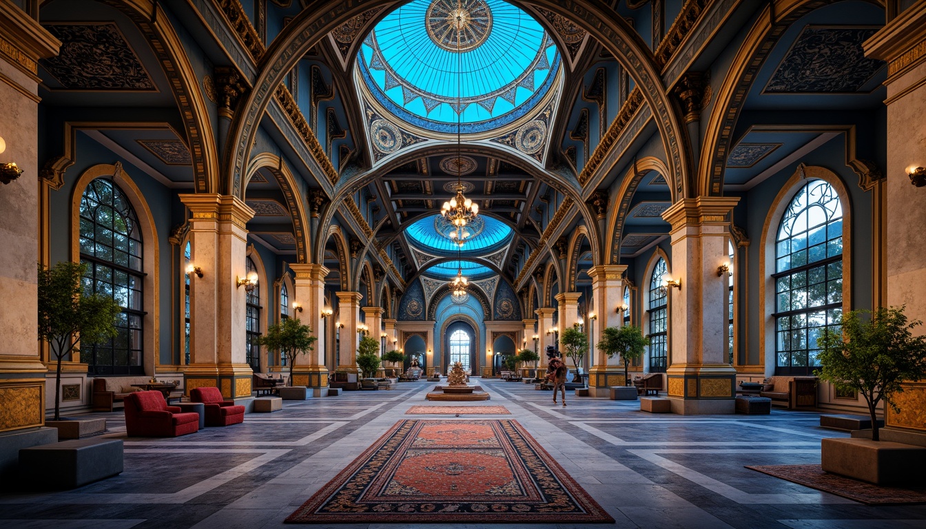 Prompt: Byzantine-style architecture, azure domes, golden accents, ornate mosaics, intricate stone carvings, grand archways, vibrant blue hues, soft warm lighting, luxurious textiles, regal furnishings, opulent decorations, lavish patterns, rich jewel tones, antique artifacts, mystical ambiance, dramatic shadows, 1/2 composition, cinematic atmosphere, realistic renderings.