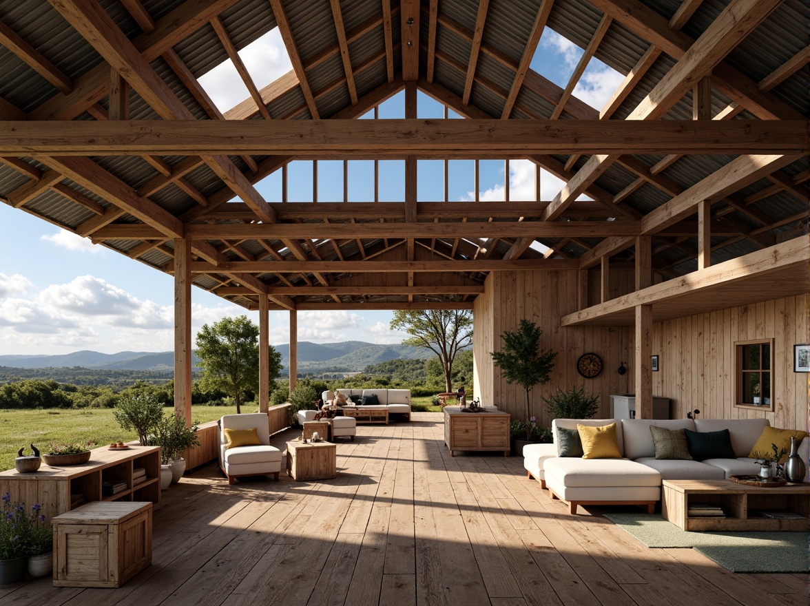 Prompt: Rustic barn, wooden beams, exposed rafters, corrugated metal roofing, solar panels, clerestory windows, natural light, open interior spaces, minimalist decor, reclaimed wood accents, vintage farm tools, distressed finishes, earthy color palette, rolling hills, rural landscape, blue sky, fluffy white clouds, warm sunlight, shallow depth of field, 1/1 composition, realistic textures, ambient occlusion.