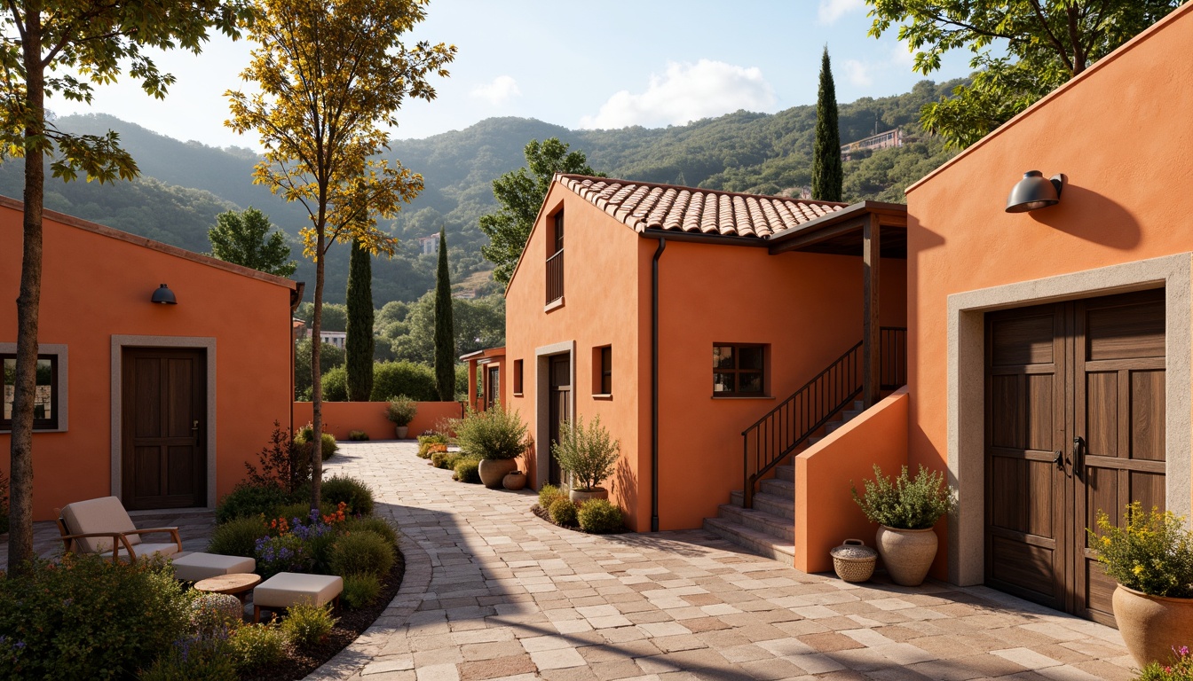 Prompt: Warm persimmon hues, earthy terracotta walls, rich sienna roofs, vibrant orange accents, natural stone textures, rustic wooden doors, sun-kissed Mediterranean landscape, rolling hills, cypress trees, soft afternoon light, gentle shadows, shallow depth of field, 1/2 composition, realistic renderings, ambient occlusion, warm atmospheric lighting.