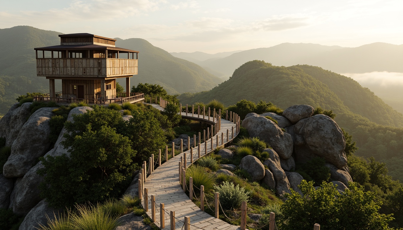 Prompt: Panoramic watchtower, rugged natural surroundings, winding stone pathways, lush greenery, observation decks, wooden railings, scenic viewpoints, misty mornings, warm sunlight, soft grasslands, rolling hills, rustic architecture, earthy tones, organic shapes, blending with nature, seamless integration, eco-friendly materials, sustainable design, minimalist details, functional simplicity, 1/2 composition, atmospheric lighting, subtle textures.