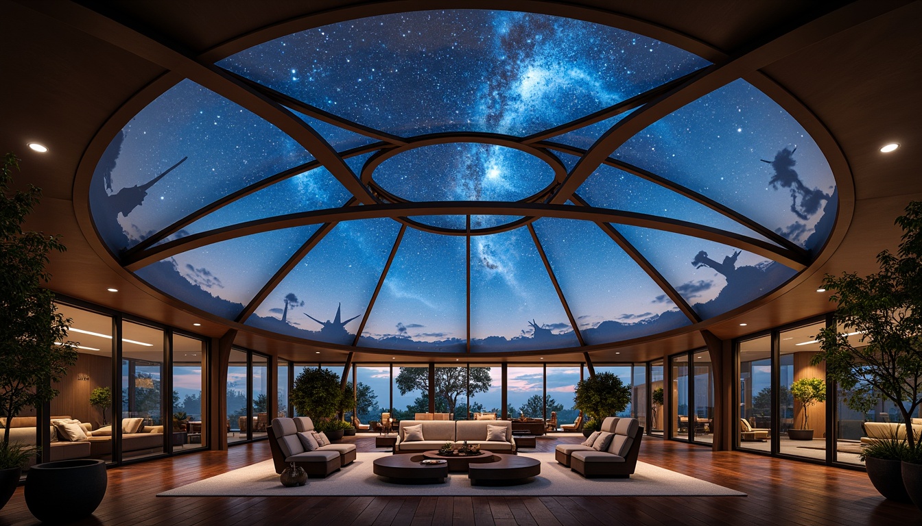 Prompt: \Circular planetarium home, futuristic dome-shaped architecture, transparent glass panels, starry night sky projections, ambient soft lighting, cozy living spaces, minimalistic interior design, sleek metal frames, curved lines, celestial body-inspired decor, astronomical patterned textiles, panoramic views, shallow depth of field, 1/1 composition, warm color palette, realistic atmospheric effects.\