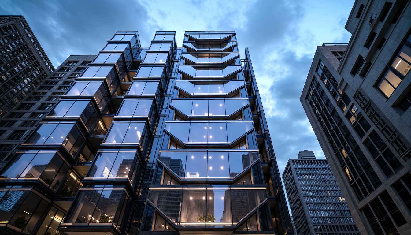 Prompt: Modern building facade, sleek glass curtain walls, metallic accents, cantilevered rooflines, rhythmic column patterns, LED lighting installations, gradient color schemes, geometric patterned cladding, futuristic architecture, urban cityscape, cloudy blue sky, dramatic shadow play, shallow depth of field, 1/2 composition, wide-angle lens, high-contrast rendering, photorealistic textures.