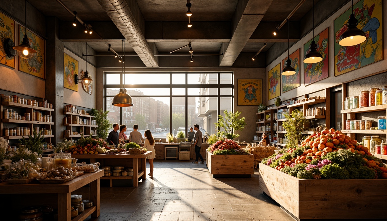 Prompt: Vibrant grocery store, warm golden lighting, soft shadows, dramatic spotlights, colorful product displays, eclectic signage, distressed wood shelves, industrial metal racks, rustic stone walls, abstract art installations, bold graffiti murals, lively street art, urban cityscape, bustling afternoon atmosphere, shallow depth of field, 1/1 composition, realistic textures, ambient occlusion.