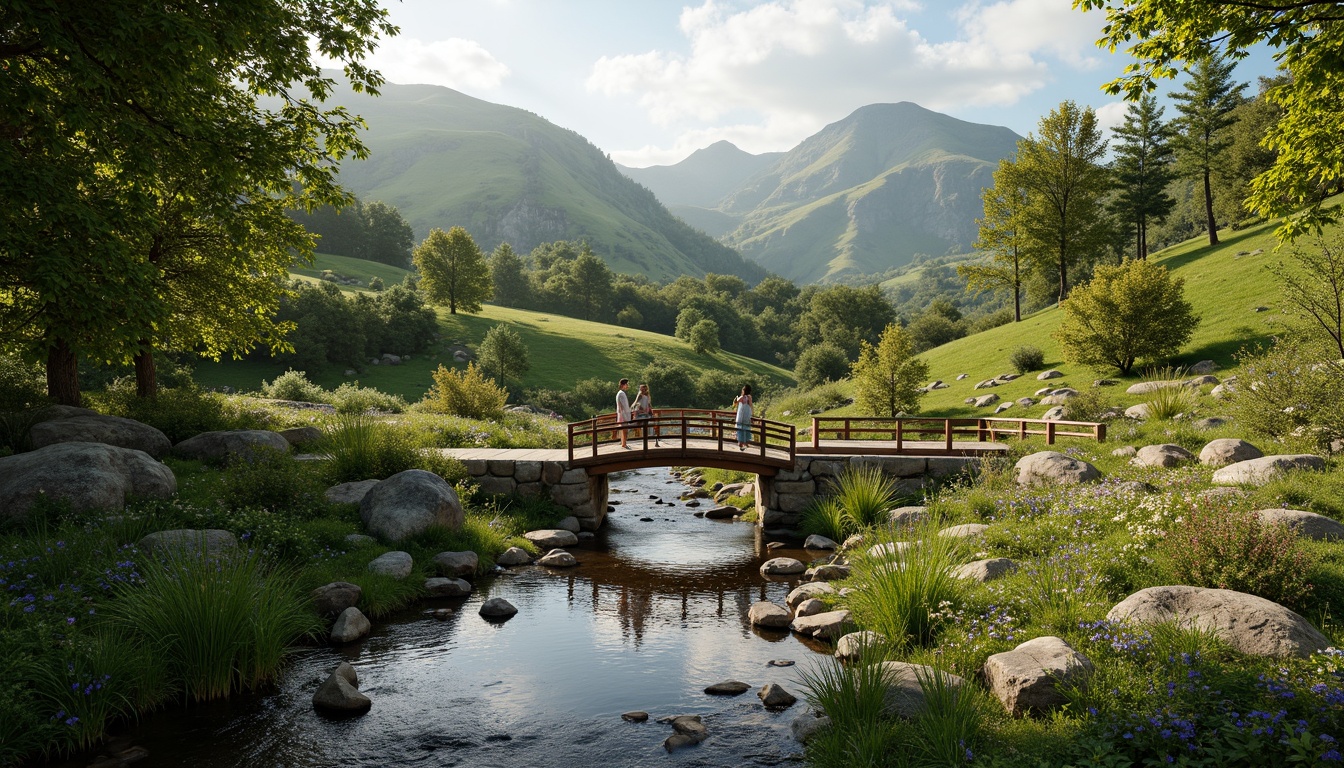 Prompt: Serene natural scenery, rolling hills, lush greenery, meandering streams, rustic wooden bridges, weathered stone walls, earthy tones, organic shapes, eco-friendly materials, sustainable design, native plant species, vibrant wildflowers, morning dew, soft warm lighting, shallow depth of field, 3/4 composition, panoramic view, realistic textures, ambient occlusion.