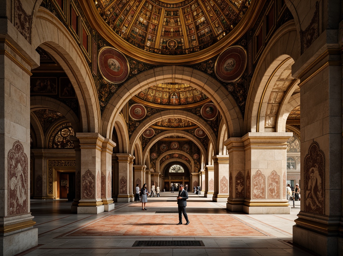 Prompt: Grand arches, ornate carvings, golden mosaics, intricate stone inlays, majestic domes, rustic brick facades, vibrant frescoes, ornamental columns, grandiose entrances, symmetrical compositions, warm soft lighting, mystical ambiance, sacred atmosphere, 1/1 composition, dramatic shadows, realistic textures, ambient occlusion.