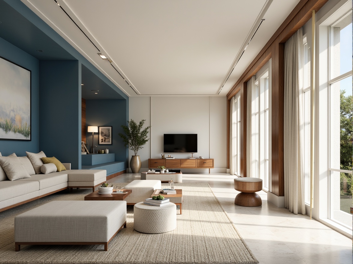 Prompt: Cerulean blue accents, soft creamy whites, warm beige tones, rich wood textures, elegant gold details, subtle linen patterns, natural stone flooring, airy open spaces, minimalist decor, plenty of natural light, shallow depth of field, 1/1 composition, realistic renderings, ambient occlusion.