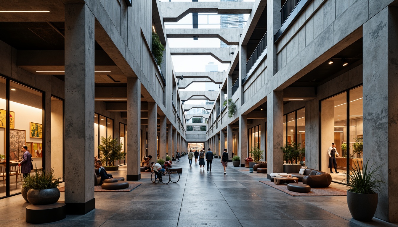 Prompt: Rustic concrete walls, exposed ductwork, industrial metal beams, reclaimed wood accents, brutalist fa\u00e7ade, cantilevered volumes, dramatic natural light, abstract geometric forms, fragmented structures, bold color blocking, urban landscape views, busy city streets, modernist sculptures, innovative materials, parametric design, algorithmic patterns, futuristic urban planning, 3D printed components, adaptive building systems, kinetic architecture, responsive environments, immersive experiences, high-contrast lighting, cinematic composition, abstract reflections.