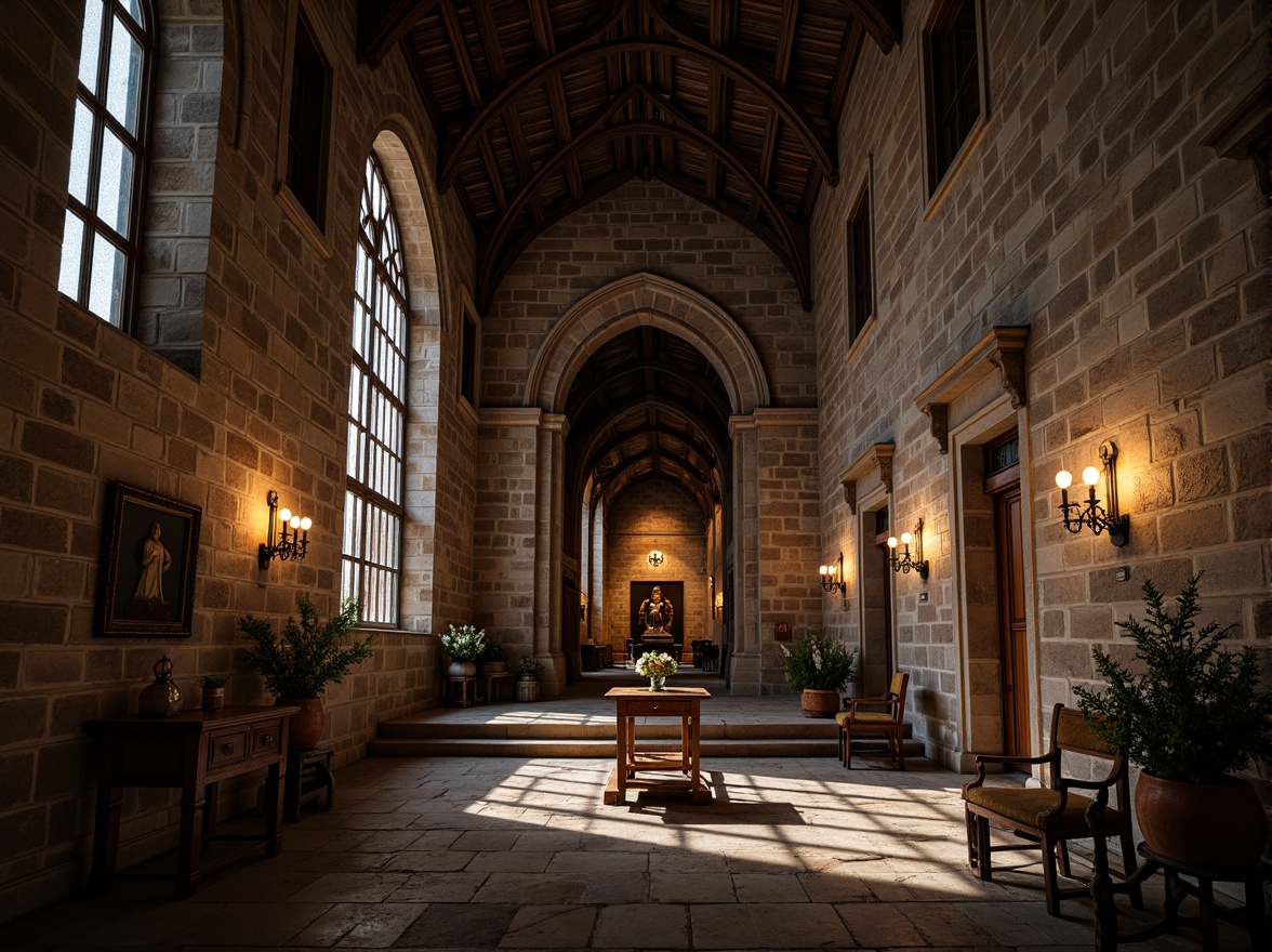 Prompt: Ancient stone church, rustic masonry walls, weathered granite blocks, ornate Gothic arches, stained glass windows, intricate carvings, vaulted ceilings, grandiose entranceways, mysterious ambient lighting, warm candlelight, natural stone flooring, earthy tones, spiritual atmosphere, serene silence, dramatic shadows, high contrast ratio, 1/2 composition, symmetrical framing, realistic textures, subtle depth of field.