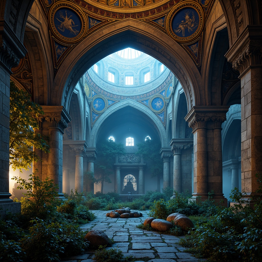 Prompt: Intricate arches, ornate carvings, golden mosaics, grand domes, richly patterned textiles, Byzantine-inspired frescoes, vibrant blue hues, warm soft lighting, shallow depth of field, 1/1 composition, realistic stone textures, ambient occlusion, ancient ruins, overgrown vegetation, mystical ambiance, eerie misty atmosphere, dramatic shadows, mysterious alcoves, secluded niches.