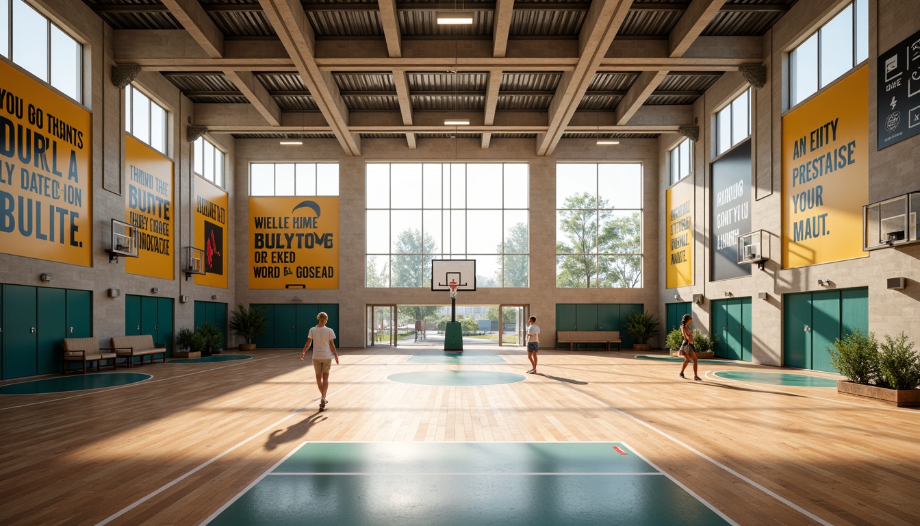 Prompt: Vibrant gymnasium interior, polished wooden floors, sports equipment, basketball hoops, tennis courts, athletic tracks, motivational quotes, natural light pouring through large windows, modern architecture, minimalist design, functional layout, open spaces, dynamic lighting, shallow depth of field, 3/4 composition, panoramic view, realistic textures, ambient occlusion, energetic atmosphere, warm color palette.