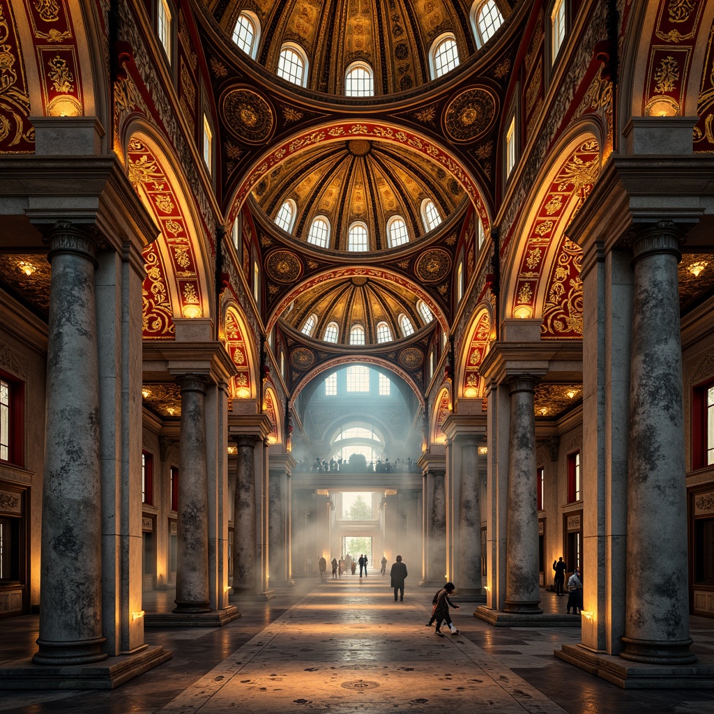 Prompt: Majestic Byzantine arches, ornate golden mosaics, intricate stone carvings, grand domed ceilings, vibrant crimson and azure hues, richly patterned marble floors, majestic columns, elaborate capitals, ornamental frescoes, dramatic lighting effects, warm ambient glow, shallow depth of field, 1/2 composition, symmetrical framing, detailed textures, subtle atmospheric fog.