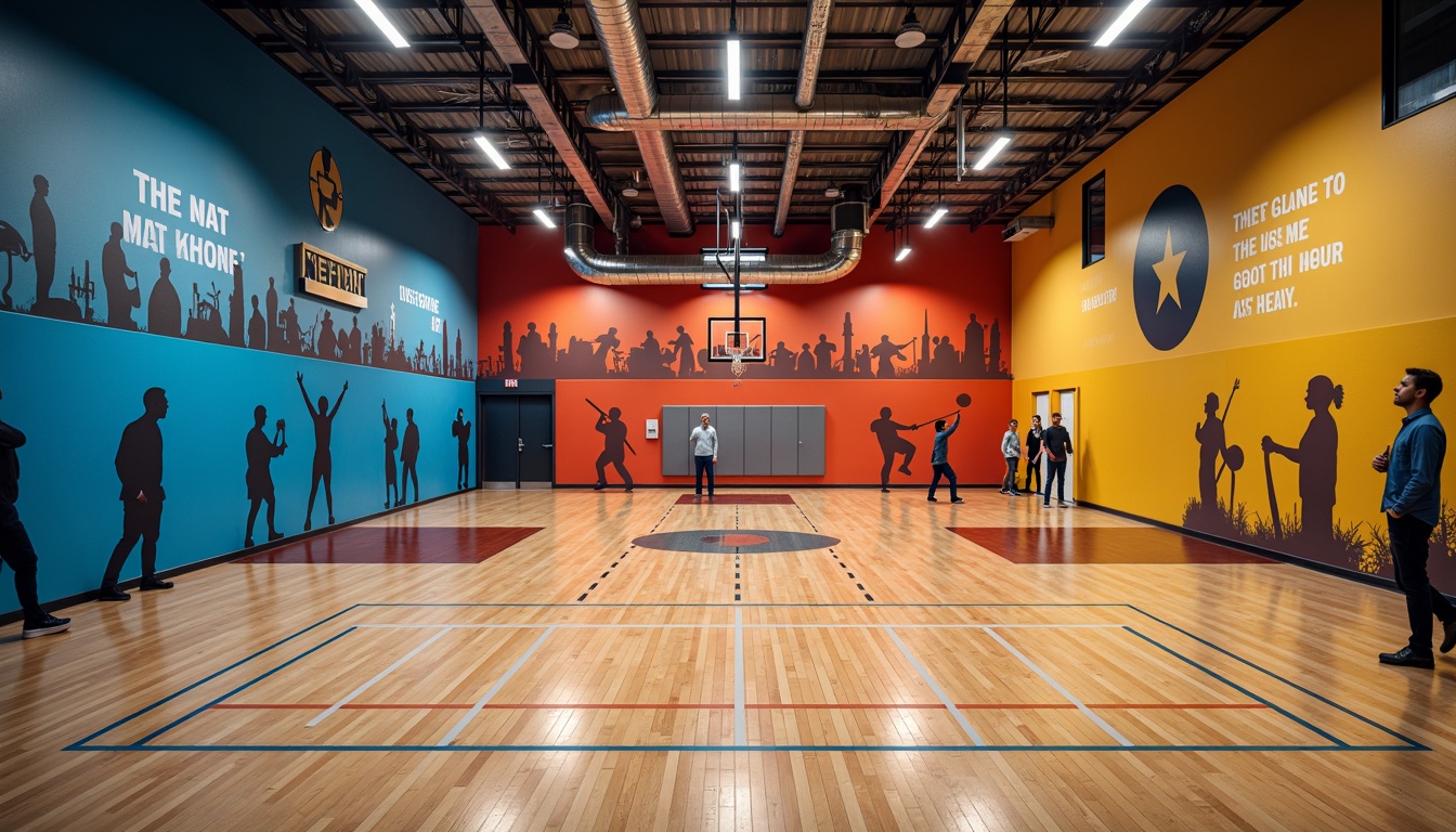 Prompt: Modern gymnasium interior, polished wooden floors, glossy acrylic surfaces, vibrant colored walls, athletic equipment silhouettes, motivational quotes decals, sports-themed murals, industrial-style metal beams, exposed ductwork, recessed lighting, warm LED ambiance, 1/2 composition, shallow depth of field, realistic textures, ambient occlusion.