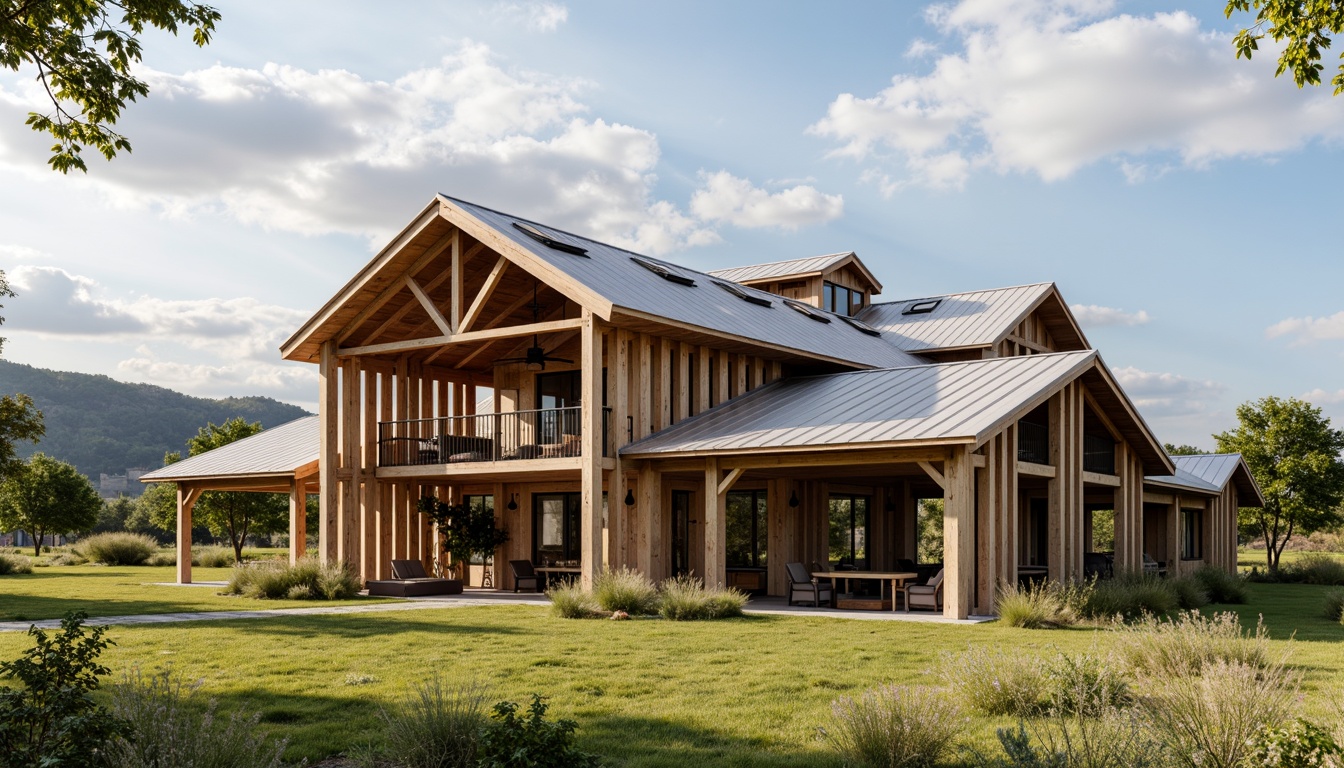 Prompt: Rustic barn academic building, wooden trusses, exposed beams, natural wood tones, corrugated metal roofing, weathered steel accents, modern innovative roof structure, skylights, clerestory windows, asymmetrical design, rural landscape, rolling hills, green pastures, cloudy blue sky, warm soft lighting, shallow depth of field, 1/1 composition, realistic textures, ambient occlusion.