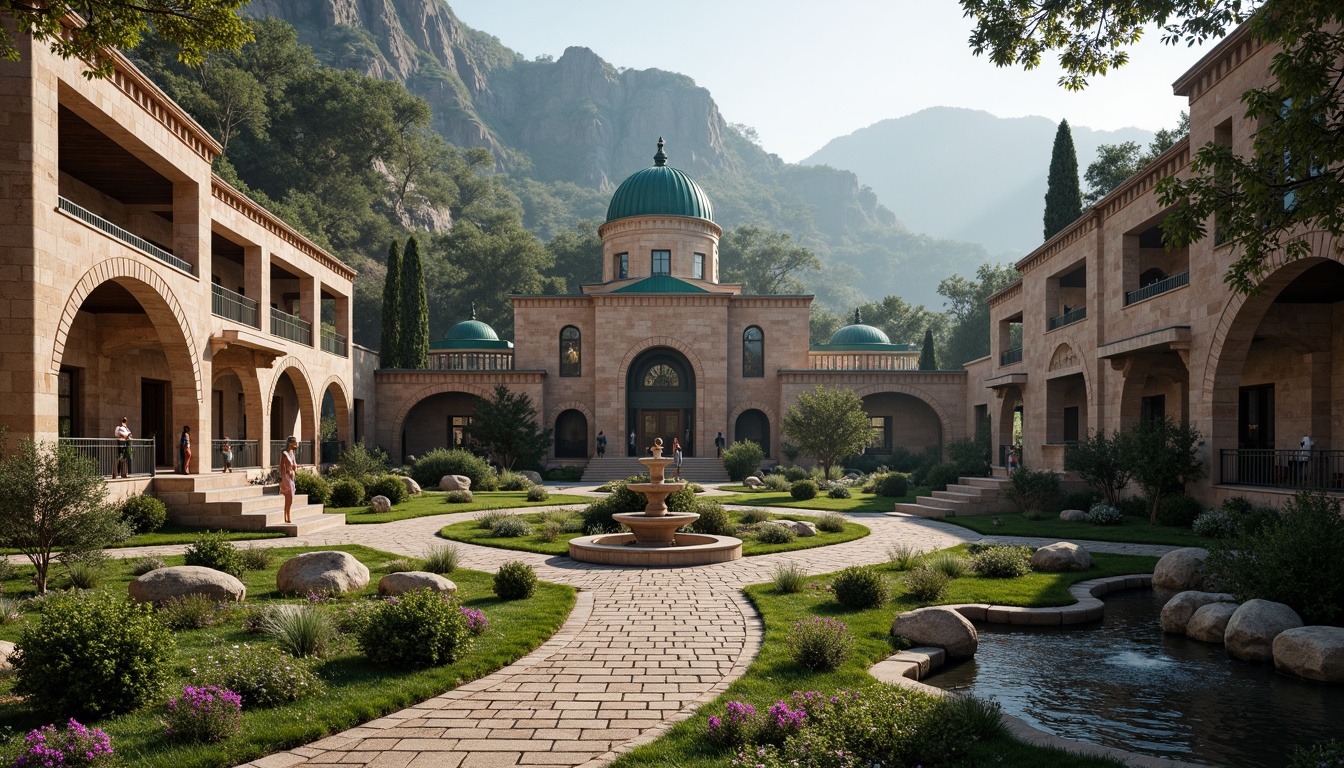 Prompt: \Rustic mountainous Byzantine style center, intricately carved stone fa\u00e7ade, ornate arches, grand dome structures, vibrant turquoise accents, lush greenery, Mediterranean pines, olive trees, winding cobblestone paths, tranquil water features, tiered gardens, natural rock formations, rugged terrain, misty atmosphere, soft warm lighting, dramatic shadows, 1/1 composition, realistic textures, ambient occlusion.\