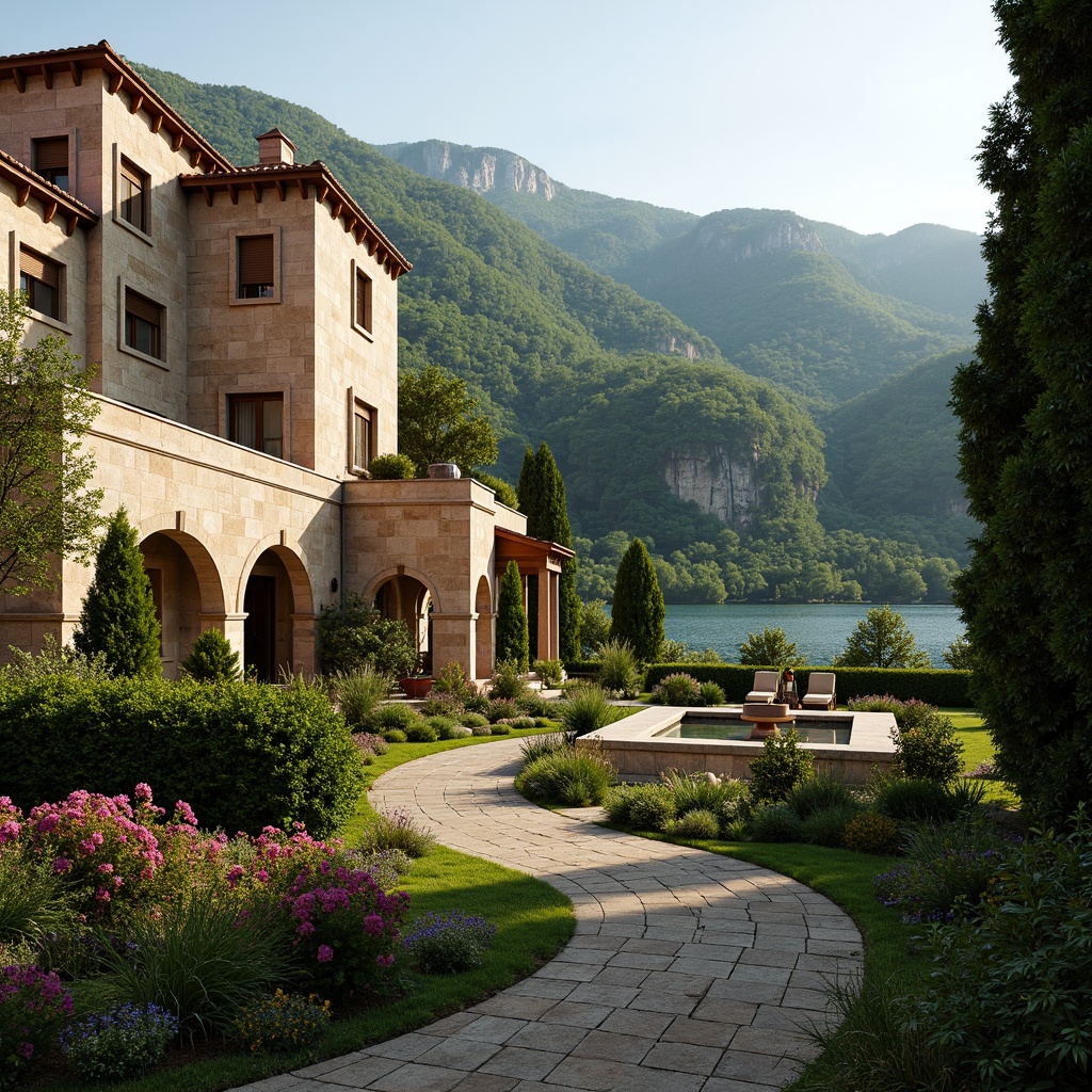 Prompt: Rolling hills, lush greenery, serene lake views, majestic villa architecture, classical columns, ornate facades, rustic stone walls, terra cotta roofing, elegant archways, tranquil courtyards, manicured lawns, vibrant flower beds, natural stone pathways, meandering walkways, soft warm lighting, 1/1 composition, panoramic view, realistic textures, ambient occlusion.