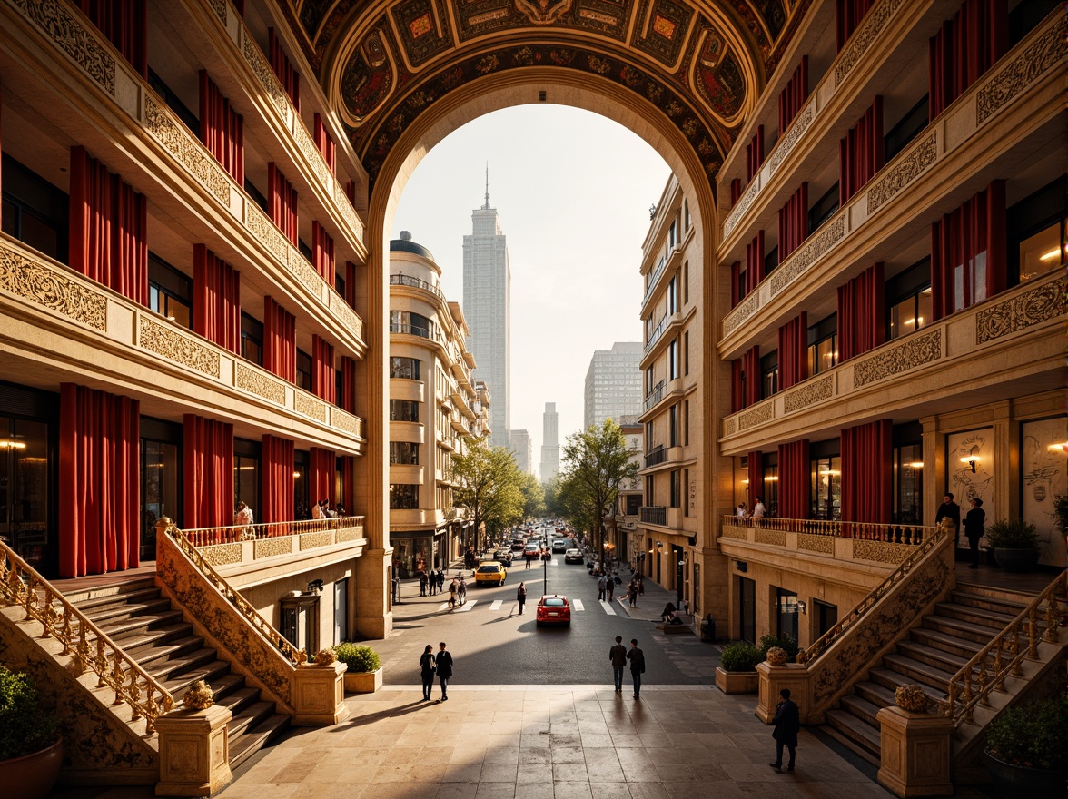 Prompt: Grand opera house, fusion architecture, majestic curves, ornate decorations, gold accents, red velvet curtains, grand chandeliers, marble floors, sweeping staircases, dramatic archways, vibrant cityscape, bustling streets, urban skyline, bright sunny day, warm golden lighting, shallow depth of field, 1/1 composition, symmetrical framing, high-contrast textures, ambient occlusion, intricate moldings, Baroque-inspired details, grandiose entrance, opulent materials, lavish furnishings.