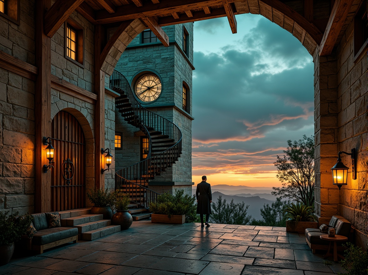 Prompt: Mystical Watchtower, rugged stone walls, worn wooden beams, rusty iron gates, eerie lanterns, mystical artifacts, ancient tomes, mysterious scrolls, dimly lit corridors, narrow spiral staircases, grandiose clock towers, vibrant turquoise accents, deep crimson hues, golden sunsets, ominous stormy skies, dramatic spotlighting, high contrast shadows, cinematic composition, 1/1 framing, warm sepia tones, intricate stone carvings, ornate metalwork.