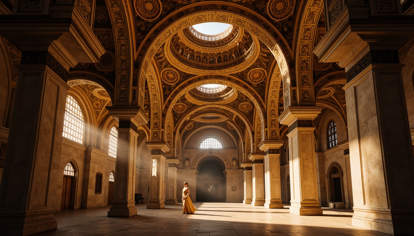 Prompt: Intricate arches, ornate carvings, golden mosaics, majestic domes, grand entranceways, ornamental columns, rustic stone walls, mystical ambiance, warm golden lighting, soft focus, shallow depth of field, 1/2 composition, symmetrical framing, rich textures, ambient occlusion.