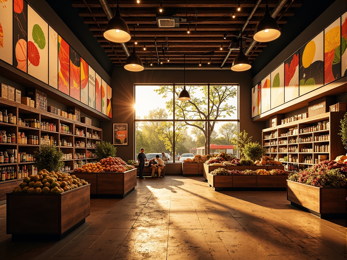 Prompt: Vibrant grocery store interior, warm golden lighting, soft shadows, high-contrast accents, colorful product displays, dynamic shelf arrangements, bold signage, abstract shapes, expressive brushstrokes, eclectic textures, rich wood tones, industrial metal fixtures, atmospheric misting, 1/1 composition, dramatic chiaroscuro, cinematic mood, ambient occlusion.