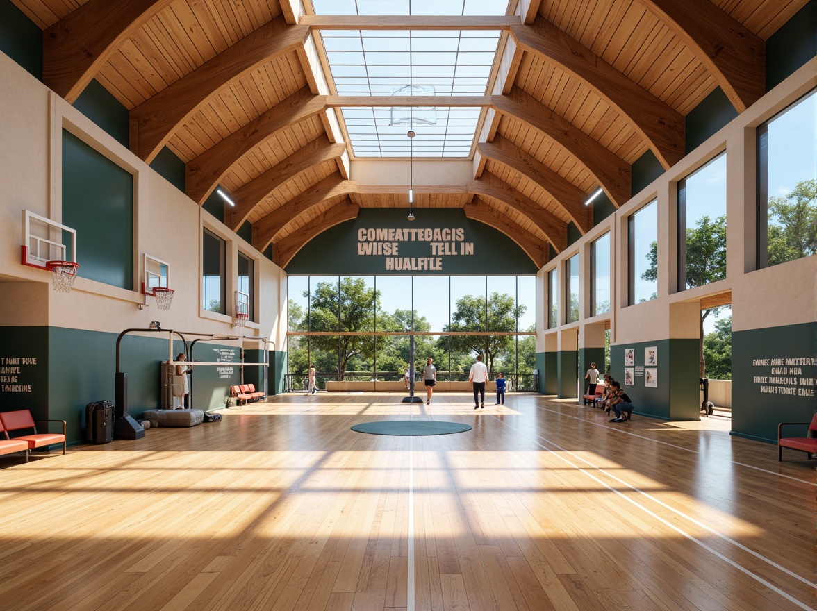 Prompt: Modern gymnasium interior, wooden sports flooring, basketball hoops, volleyball nets, athletic equipment, exercise machines, mirrored walls, motivational quotes, natural light, clerestory windows, open spaces, high ceilings, minimalist decor, dynamic lighting, 1/1 composition, wide-angle lens, realistic textures, ambient occlusion, energetic atmosphere, morning sunlight, soft shadows.