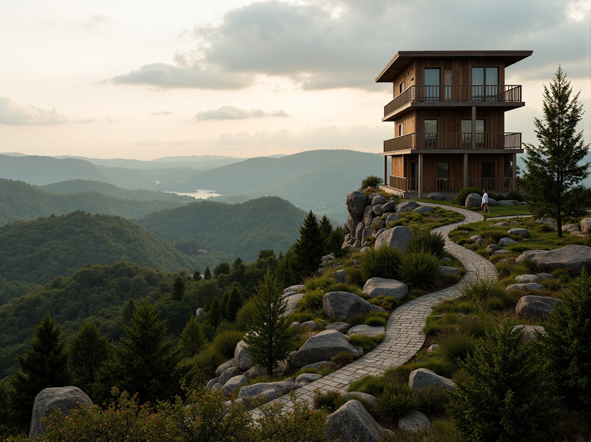 Prompt: Scenic watchtower, harmonious landscape integration, rolling hills, lush green forests, winding stone pathways, natural rock formations, elevated viewing platforms, panoramic vistas, binoculars, telescopes, rustic wooden accents, earthy color palette, subtle lighting effects, dramatic sunsets, misty mornings, atmospheric perspective, 1/2 composition, symmetrical balance, realistic foliage, ambient occlusion.