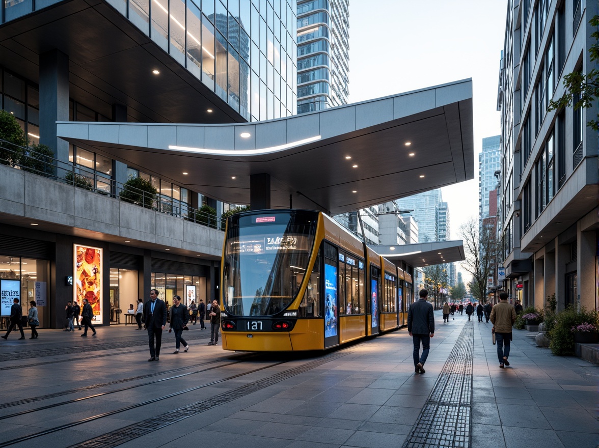 Prompt: Futuristic tram station, sleek glass fa\u00e7ade, modernist architecture, cantilevered roofs, angular lines, minimalist design, neon LED lighting, dynamic digital displays, steel beams, polished concrete floors, urban landscape, busy streets, morning rush hour, soft natural light, shallow depth of field, 1/1 composition, panoramic view, realistic textures, ambient occlusion.