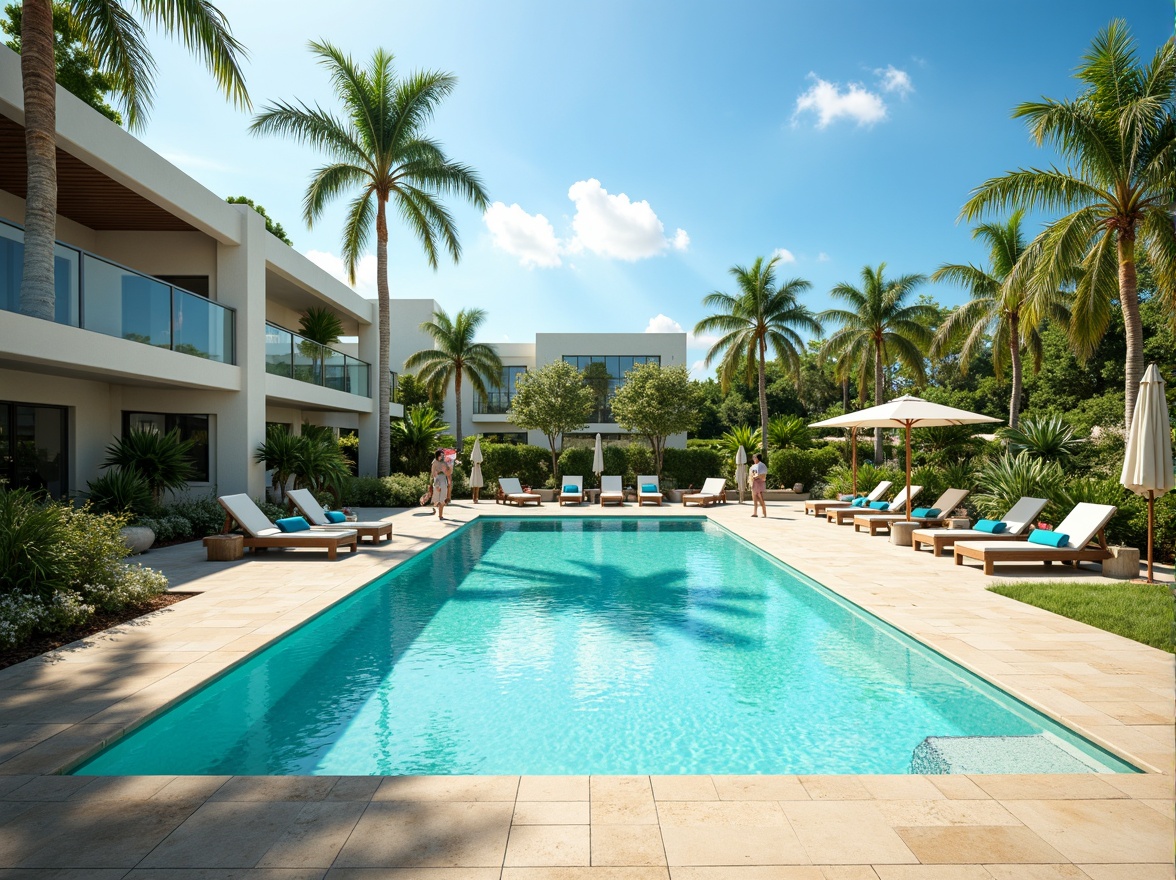 Prompt: Vibrant turquoise pool water, sun-kissed deck, warm beige stonework, sleek glass railings, tropical palm trees, lush greenery, colorful beach balls, poolside lounge chairs, umbrella shading, modern minimalist architecture, curved lines, bright blue accents, refreshing misting systems, shallow depth of field, 1/2 composition, natural textures, ambient occlusion.Please let me know if this meets your requirements!