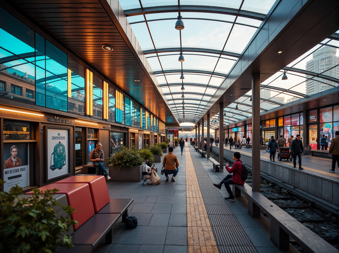 Prompt: Vibrant transportation hubs, modern architecture, sleek metal structures, glass roofs, futuristic LED lighting, bold color schemes, neon signs, dynamic patterns, urban landscapes, bustling atmosphere, morning rush hour, warm golden lighting, shallow depth of field, 3/4 composition, panoramic view, realistic textures, ambient occlusion, cityscape backdrops, busy streets, pedestrian walkways, bus shelters, train stations, airport terminals, vibrant murals, geometric tile work, metallic accents, industrial materials, urban furniture, dynamic street art.