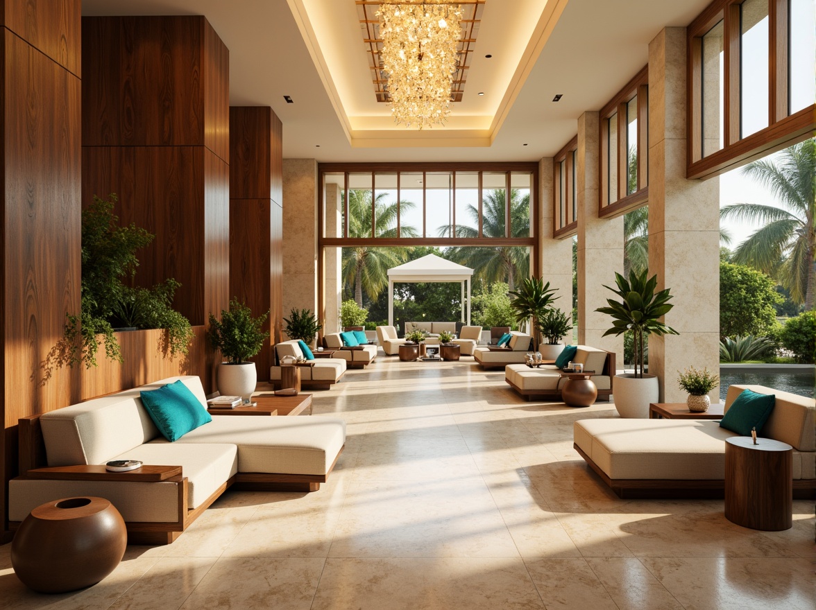 Prompt: Luxurious hotel lobby, warm beige marble floors, rich walnut wood accents, soft golden lighting, comfortable plush furniture, vibrant turquoise decorative pillows, natural stone walls, elegant cream-colored ceilings, sophisticated modern chandeliers, refreshing greenery, calming water features, serene ambiance, 1/1 composition, shallow depth of field, realistic textures, ambient occlusion.